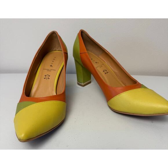 Vero Cuoio Zevio Italian Leather Color Block Yellow Green Orange Pump Shoe Sz 40 - Picture 1 of 11